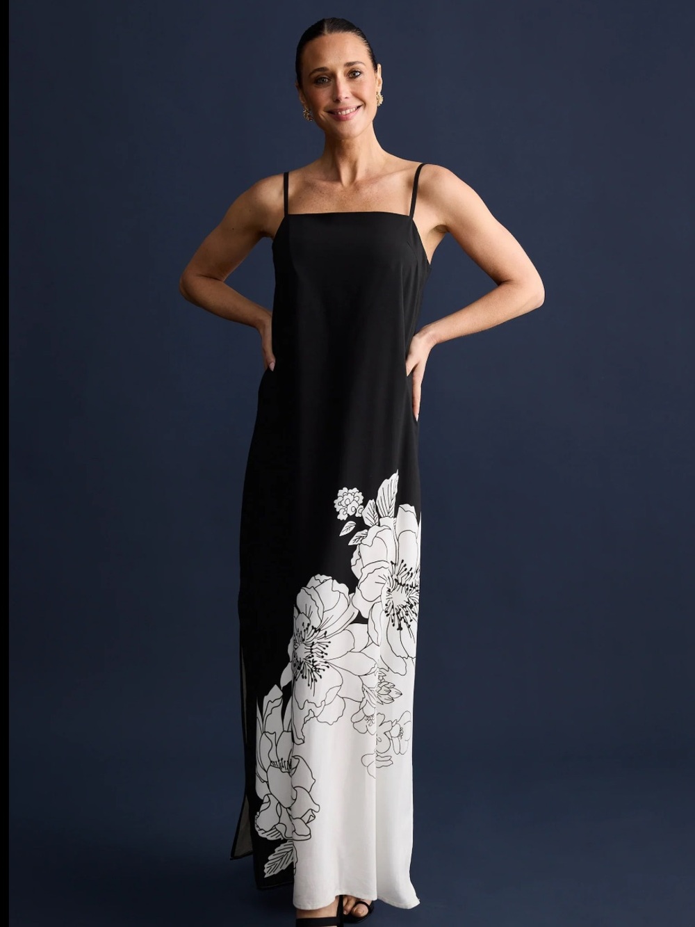 SOMA Black and White Floral Silk Slip Dress XS
